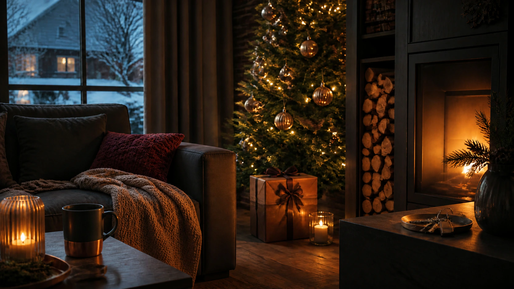 Salon chaleureux décoré pour Noël avec une maison enneigée à l’extérieur