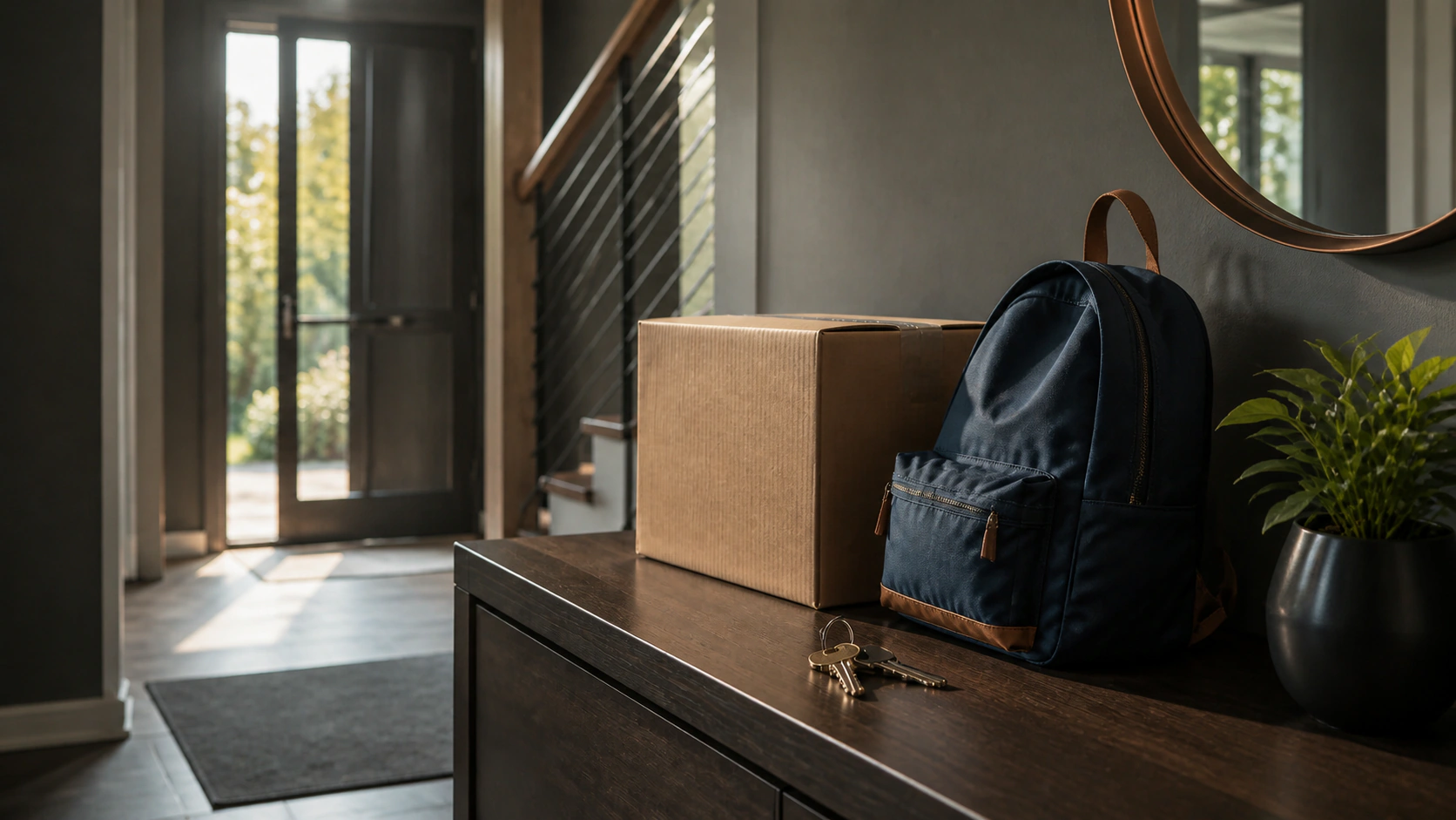 Boîte de déménagement, sac d’école et clés dans l’entrée d’une maison