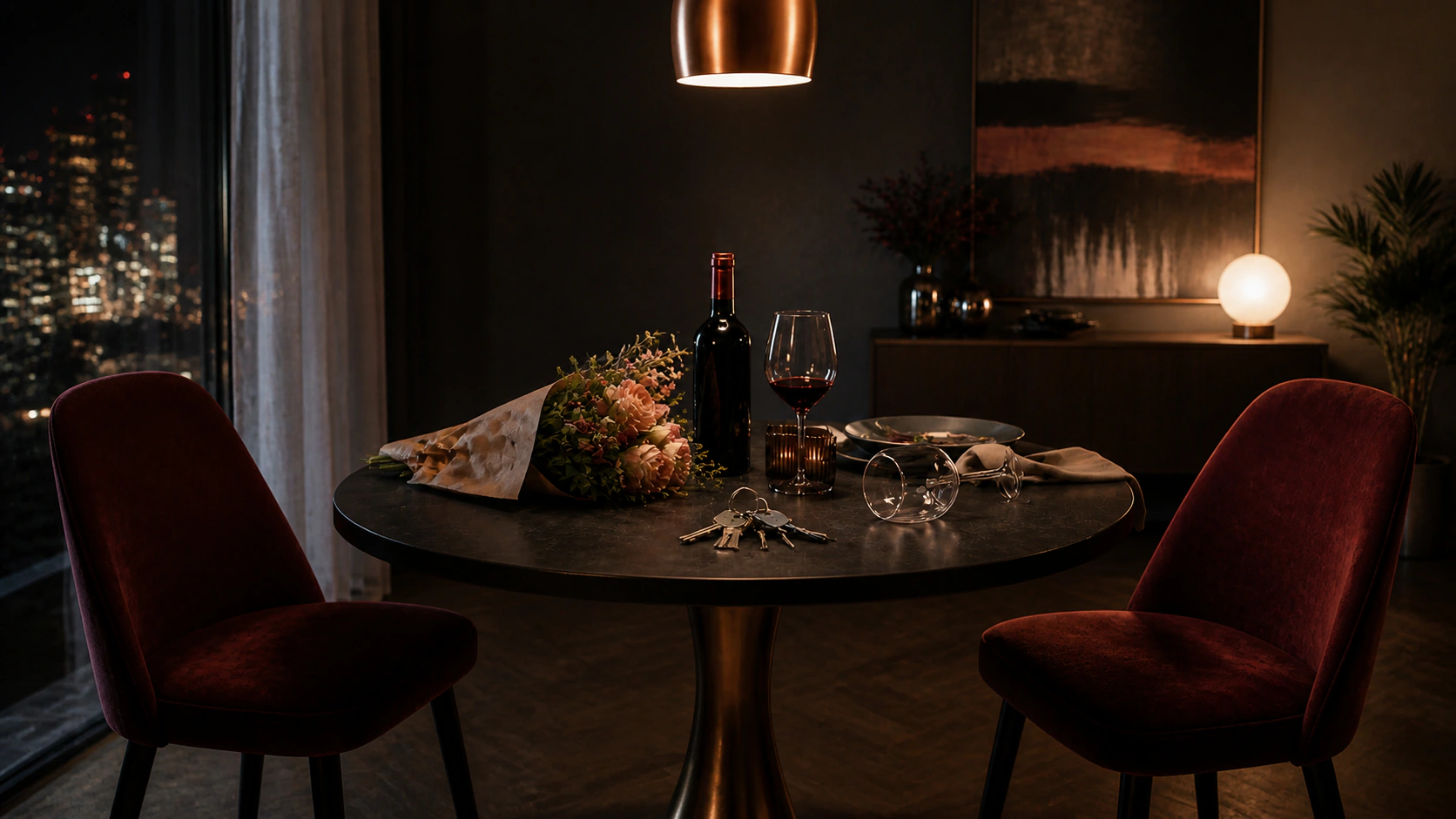 Table de Saint-Valentin après un souper interrompu, avec bouquet et clés